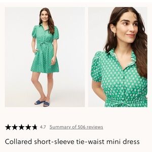 J. Crew Green Tie Front Mini Dress with Notched Collar
